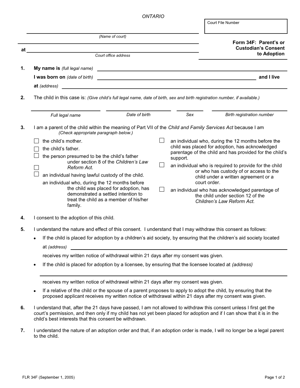 Form 34F Parent S Or Custodian S Consent to Adoption