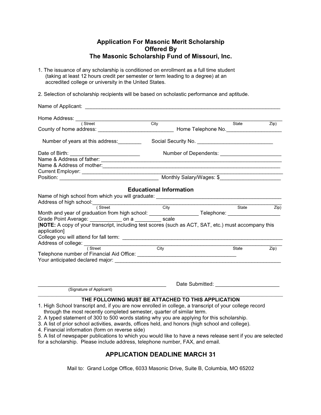Application for Masonic Merit Scholarship