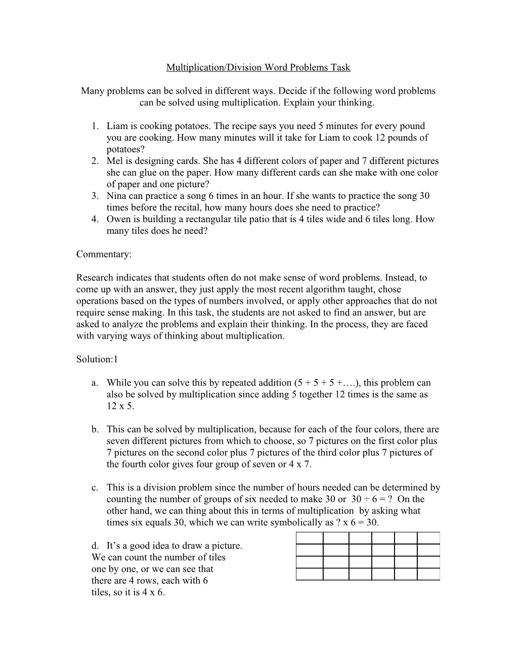 Multiplication/Division Word Problems Task