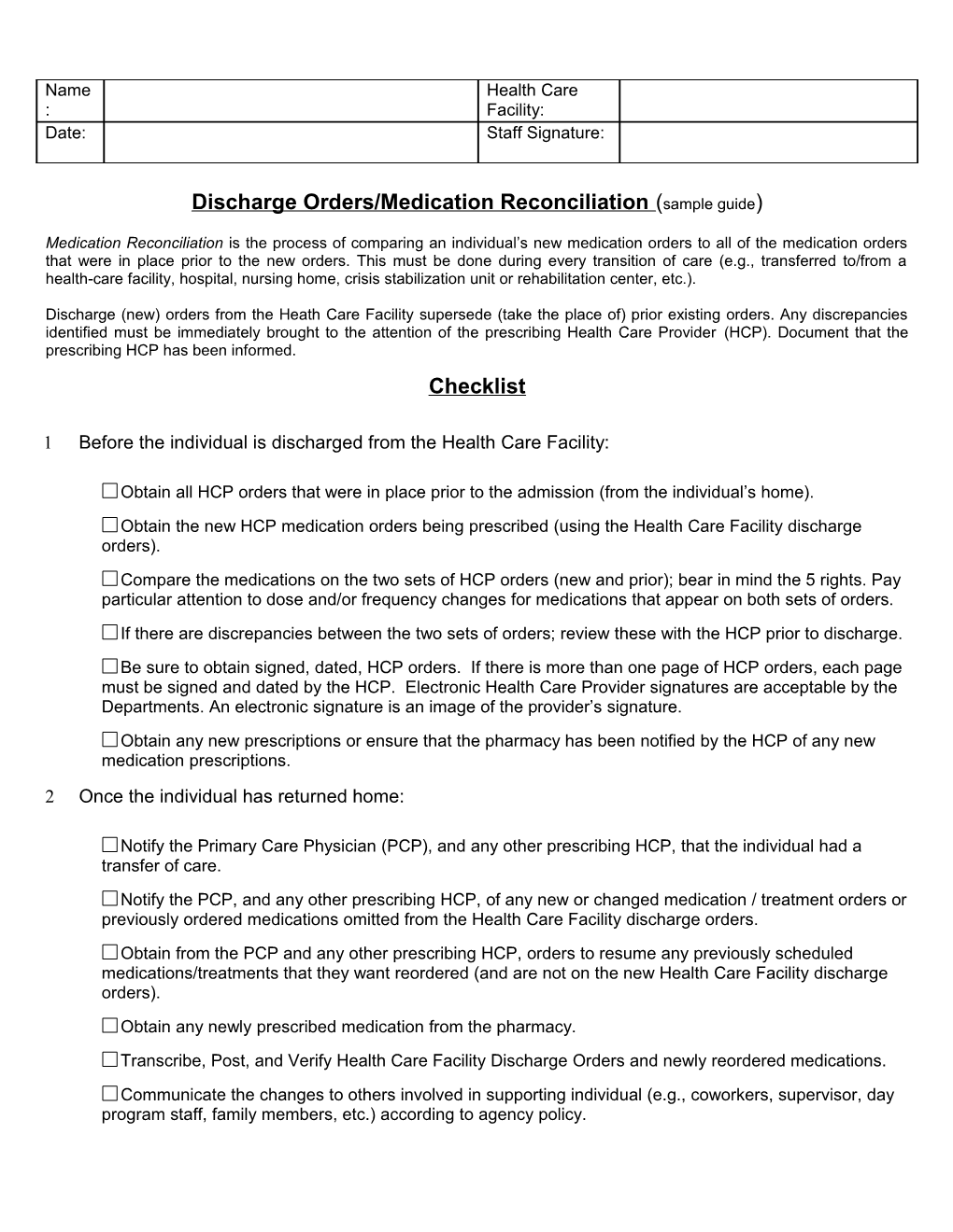 Discharge Orders/Medication Reconciliation (Sample Guide)