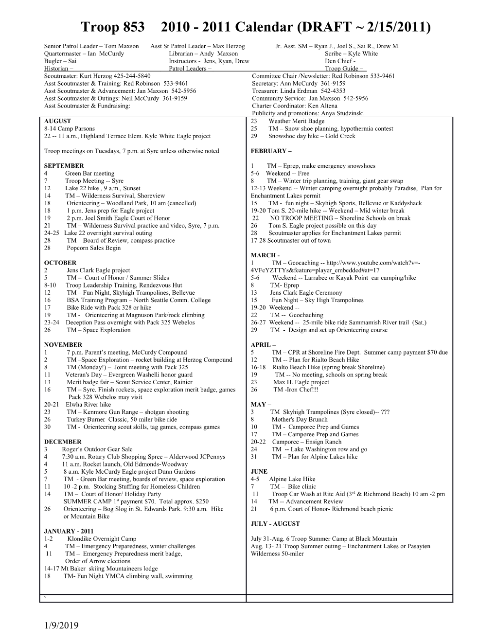 Troop 8532010 - 2011 Calendar (DRAFT 2/15/2011)