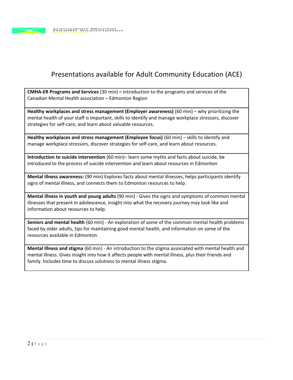 Adult Community Education (ACE) Program