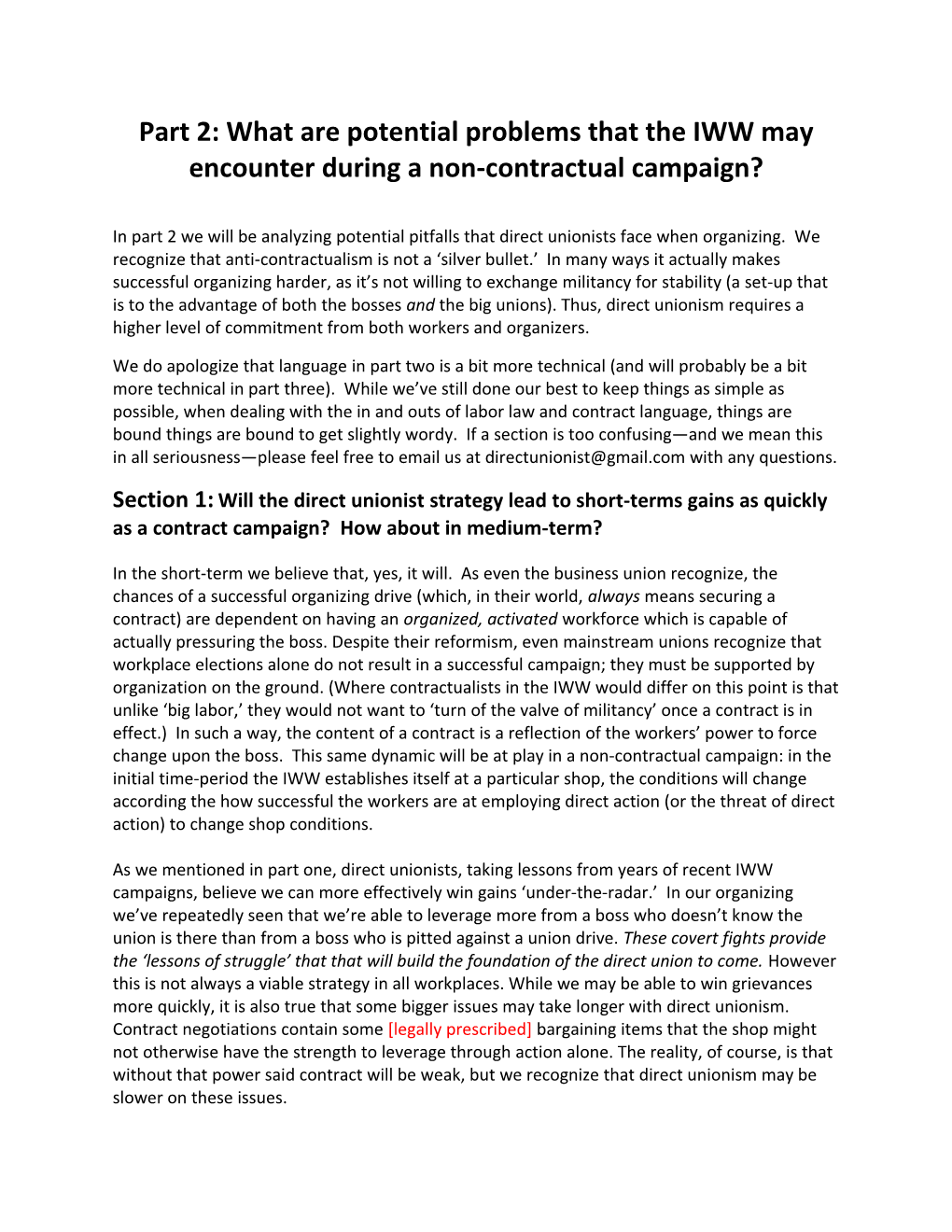 Part 2: What Are Potential Problems That the IWW May Encounter During a Non-Contractual Campaign