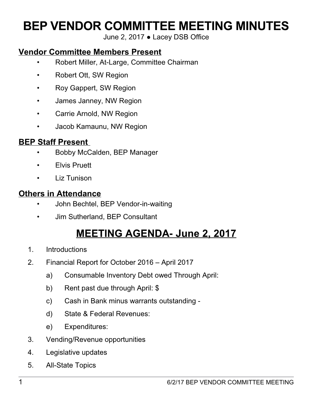 Bep Vendor Committee Meeting Minutes