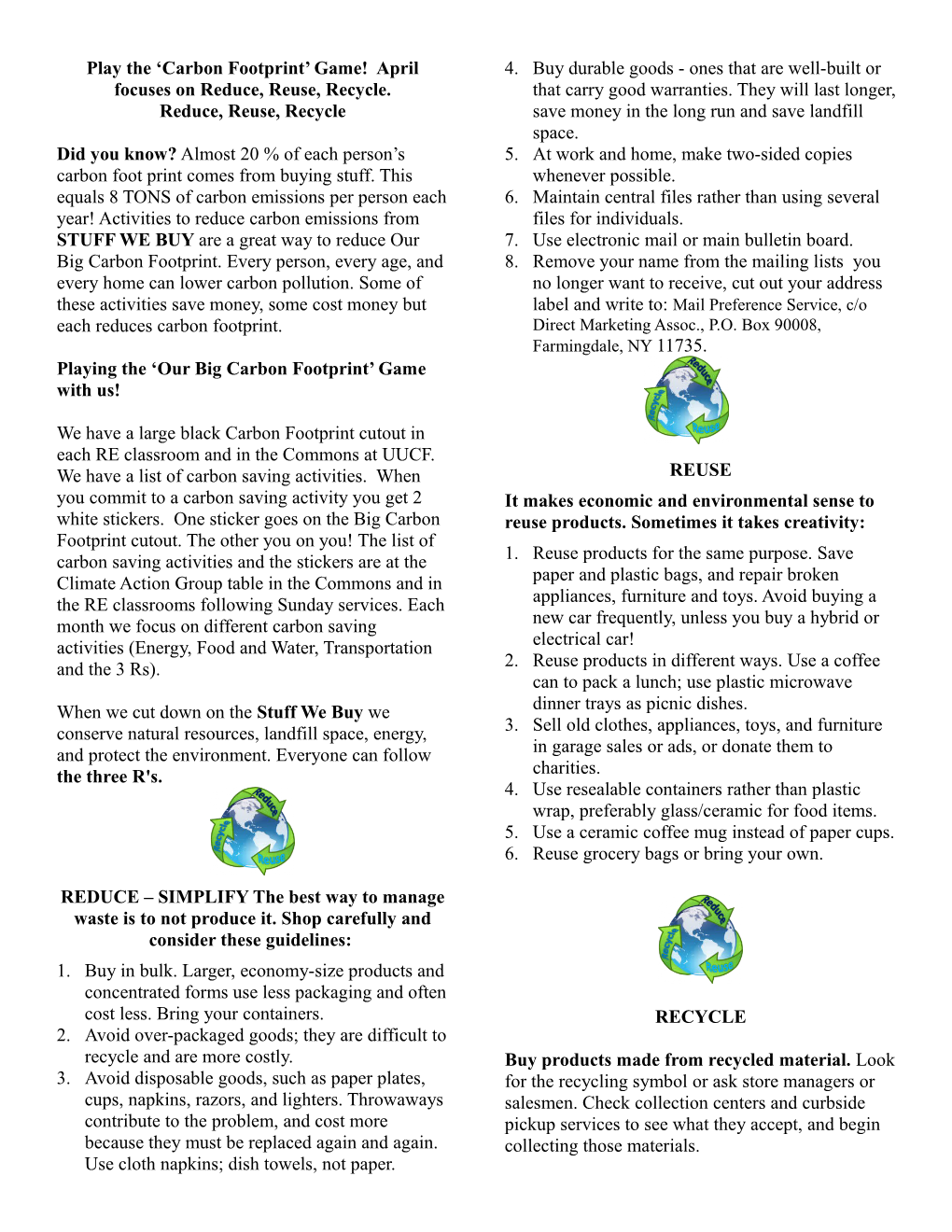 Play the Carbon Footprint Game! April Focuses on Reduce, Reuse, Recycle