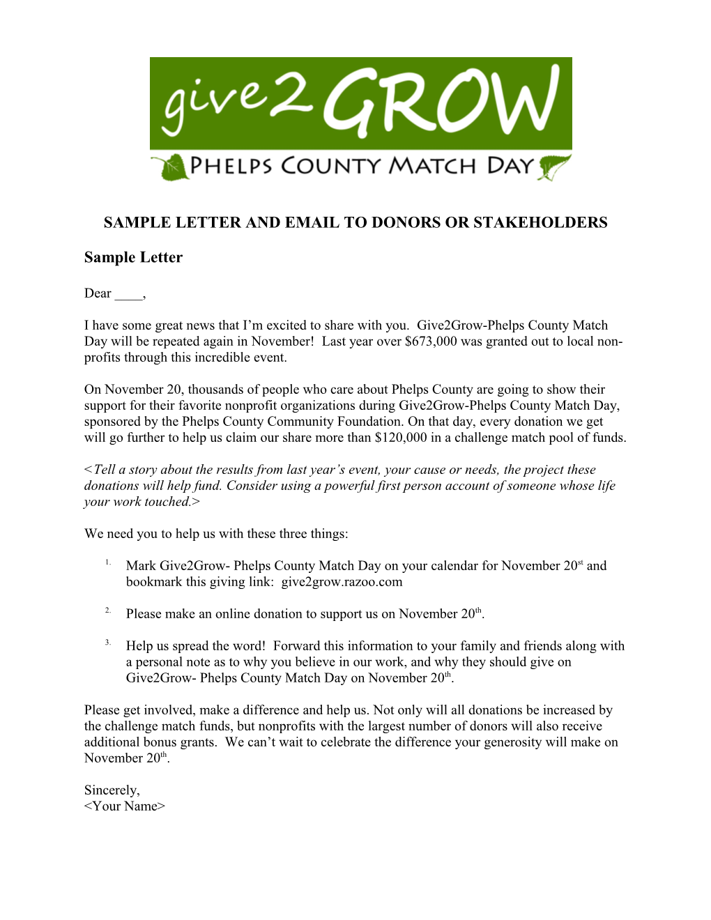 Sample Letter and Email to Donors Or Stakeholders