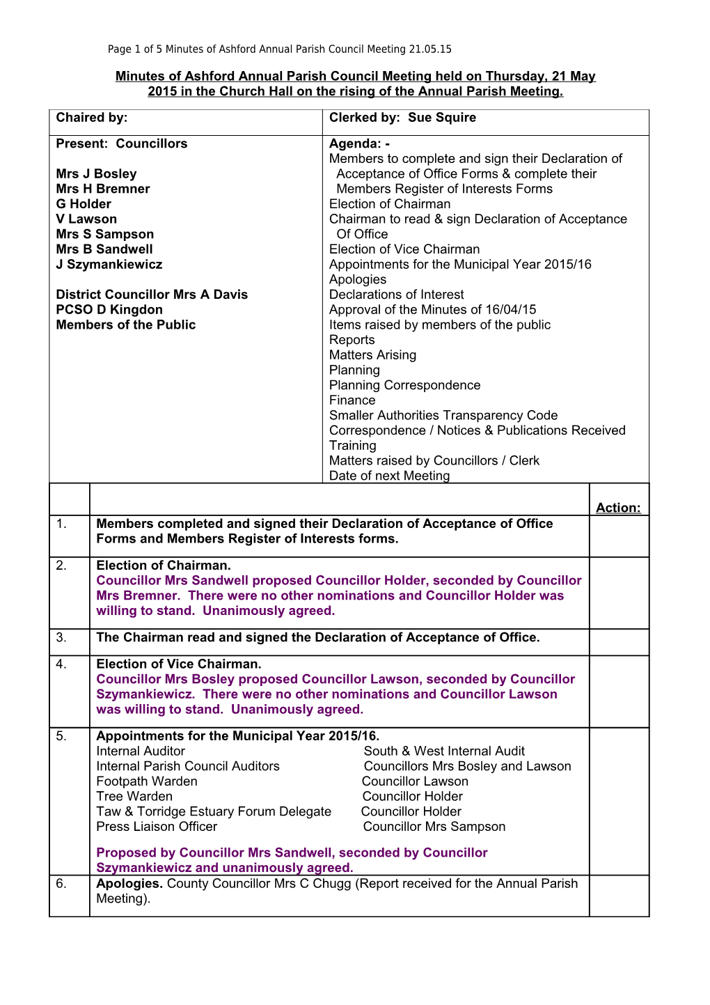 Page 1 of 1 Minutes of Ashford Annual Parish Council Meeting 21.05.15