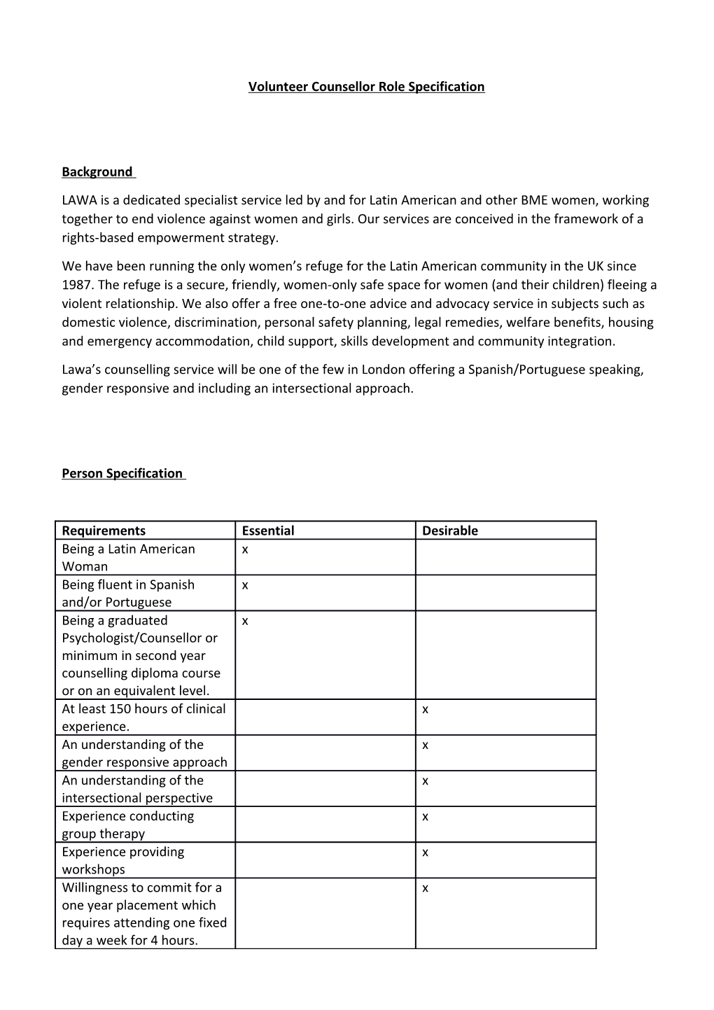 Volunteer Counsellor Role Specification