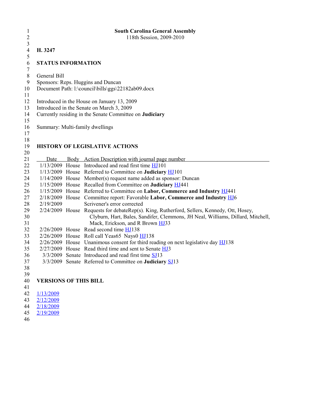 2009-2010 Bill 3247: Multi-Family Dwellings - South Carolina Legislature Online