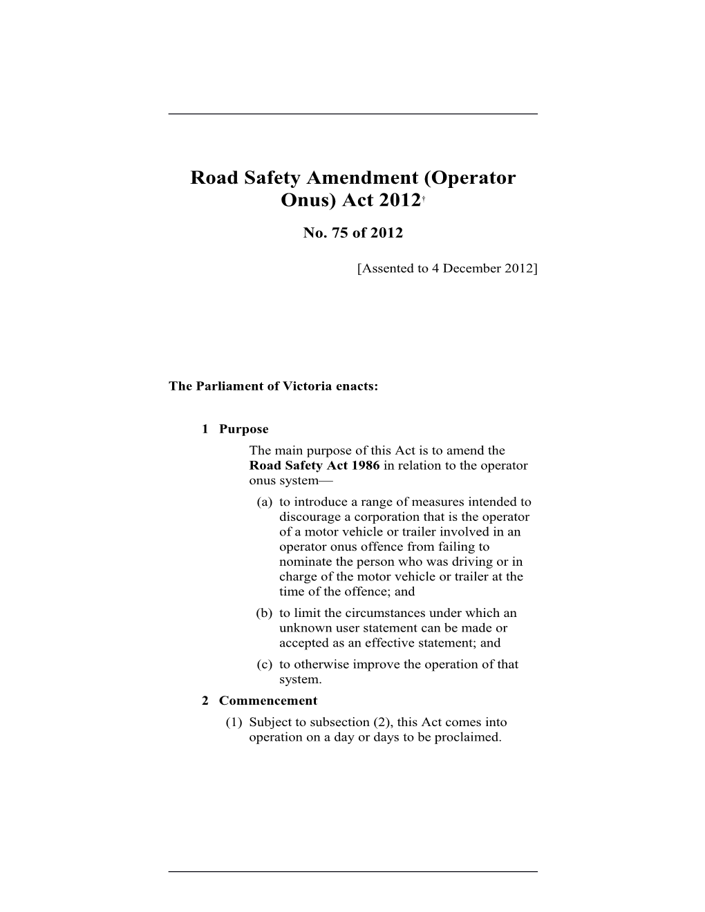 Road Safety Amendment (Operator Onus) Act 2012