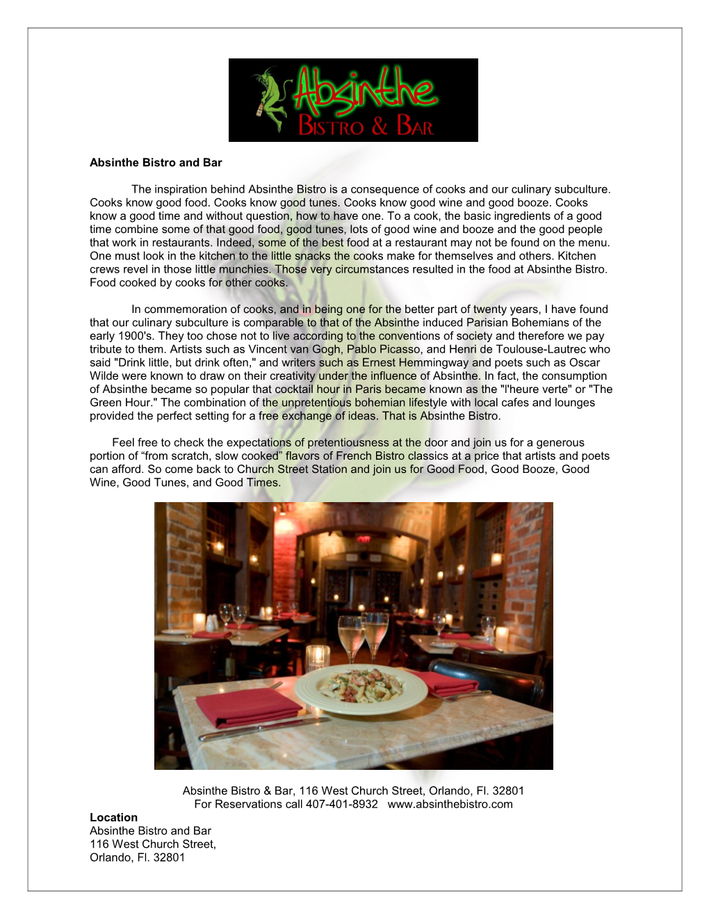 About Absinthe Bistro and Bar