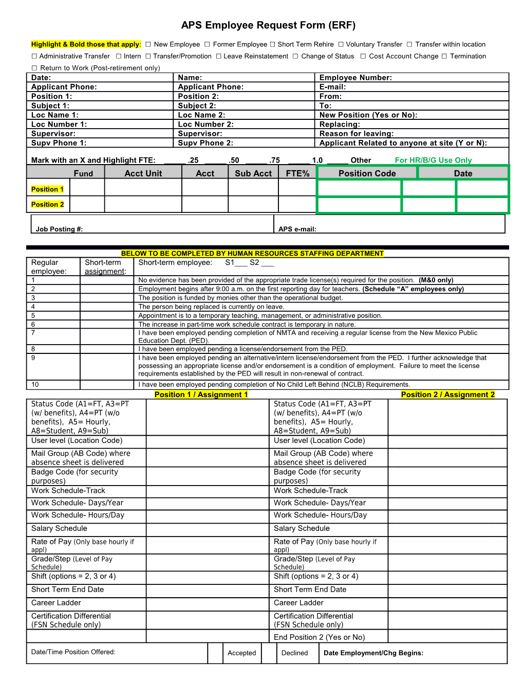 APS Employee Request Form (ERF)