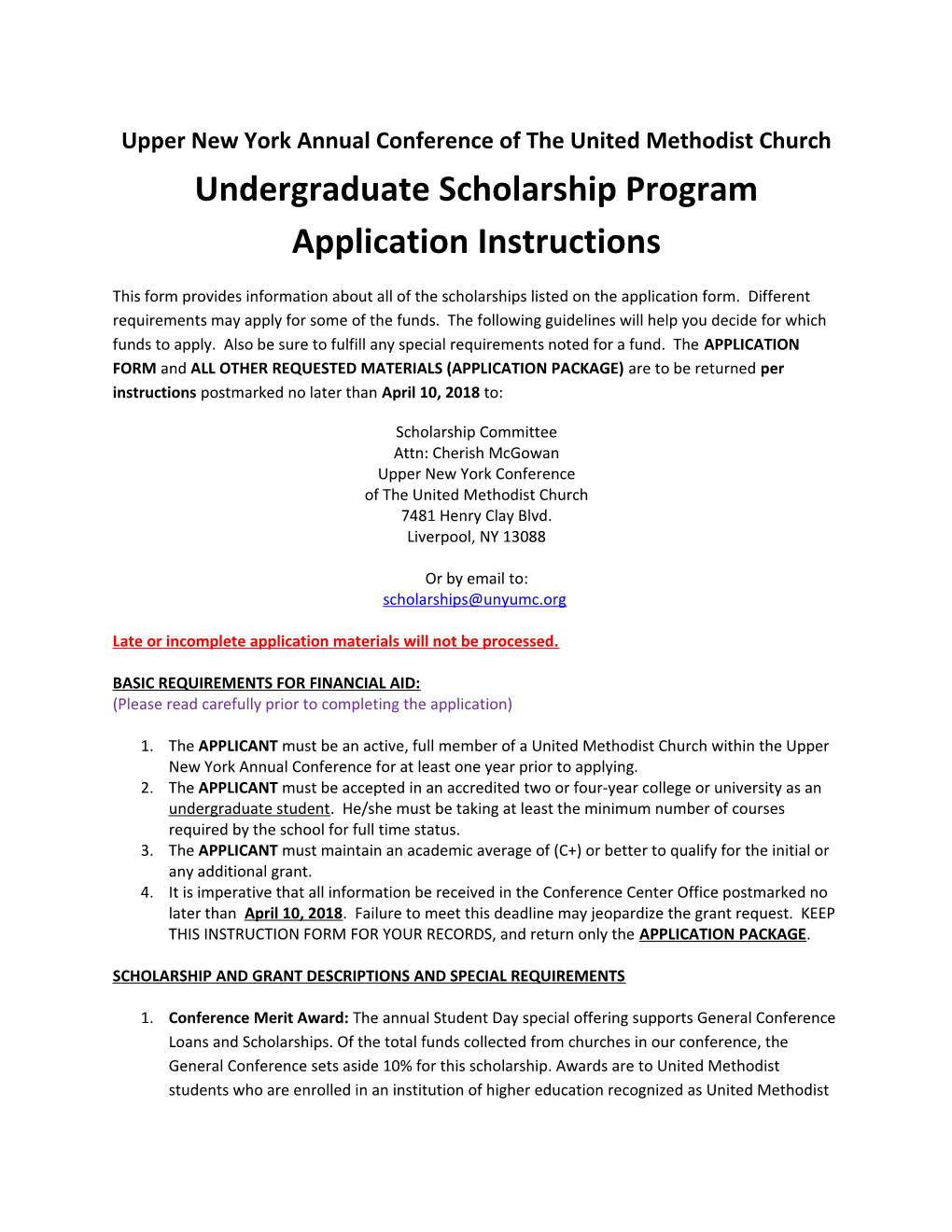 Upper New York Annual Conference of the United Methodist Churchundergraduate Scholarship