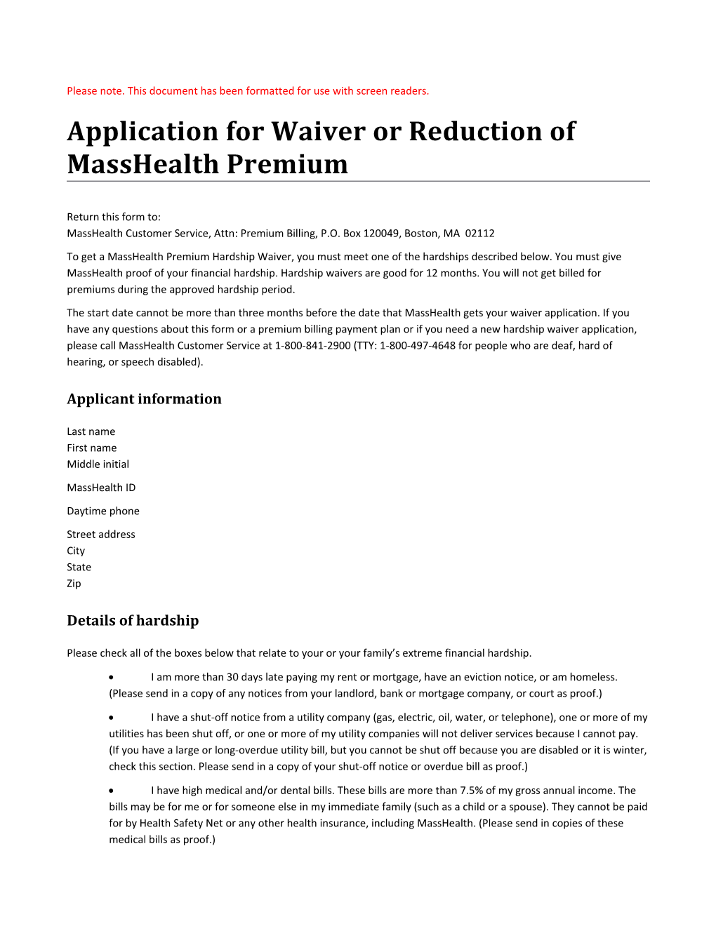 Application for Waiver Or Reduction of Masshealth Premium