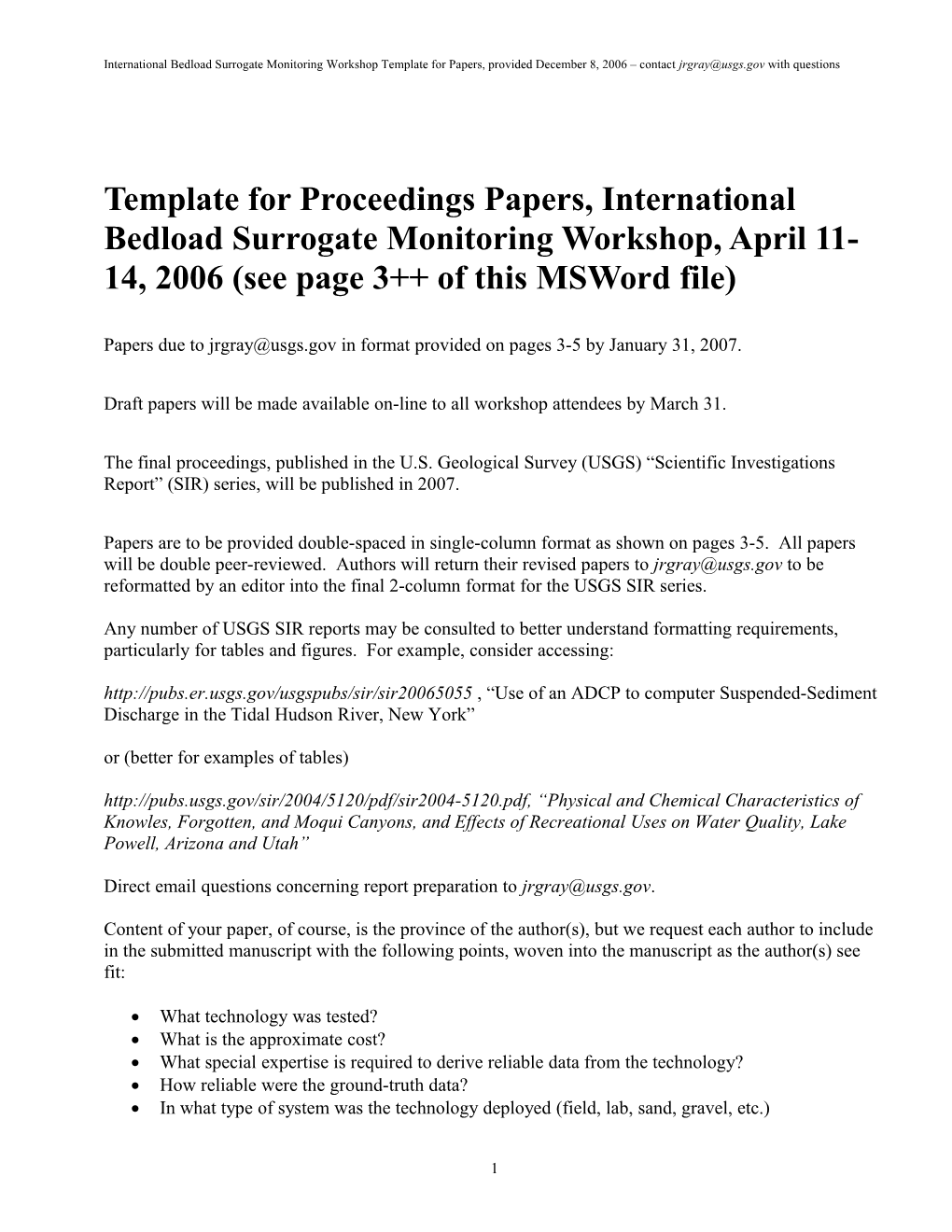 International Bedload Surrogate Monitoring Workshop Template for Papers, Provided December