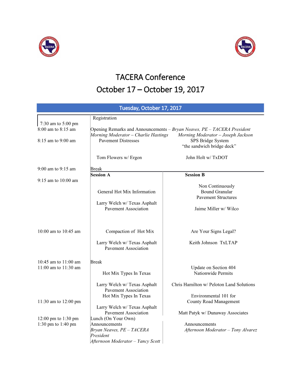 TACERA Conference October 17 October 19, 2017