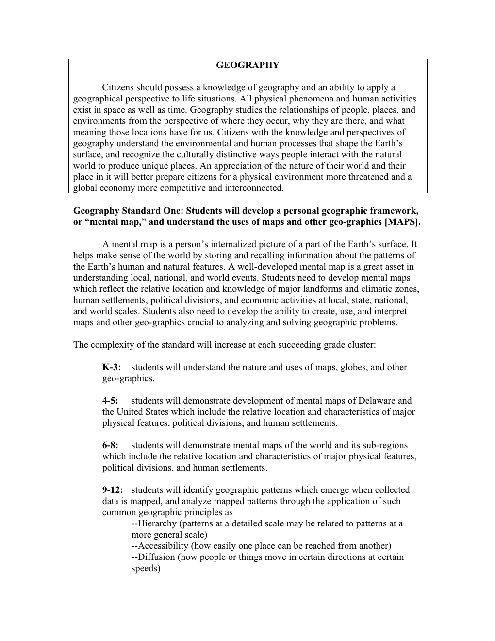 Geography Standard One: Students Will Develop a Personal Geographic Framework, Or Mental