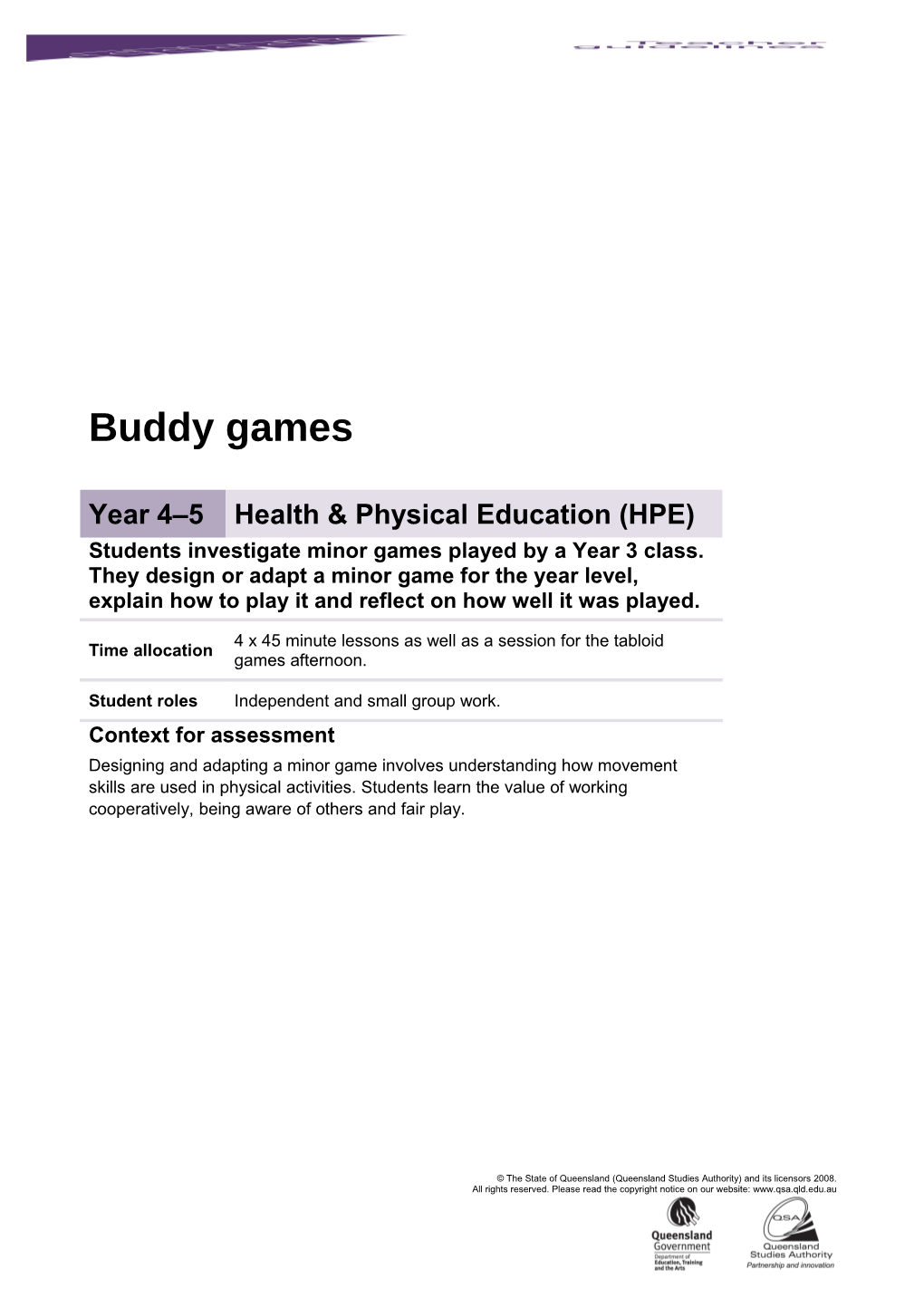 Year 4-5 Health & Physical Education Assessment Teacher Guidelines Buddy Games Queensland