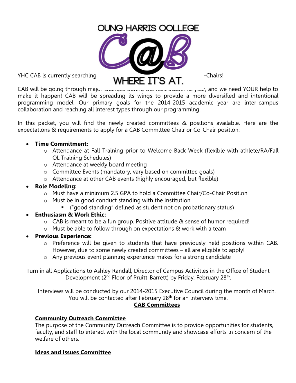 YHC CAB Is Currently Searching for the 2014-2015 Committee Chair & Co-Chairs!