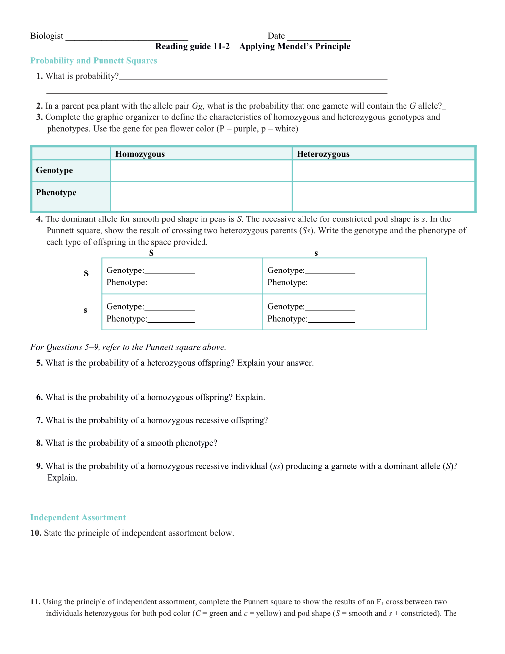 Reading Guide 11-2 Applying Mendel S Principle