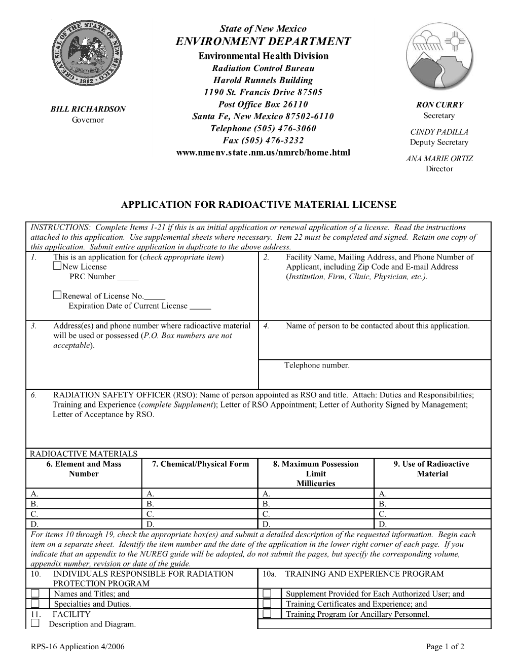 Application for Radioactive Material License