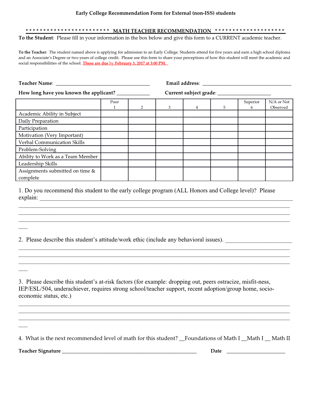 Early College Recommendation Form for External (Non-ISS) Students