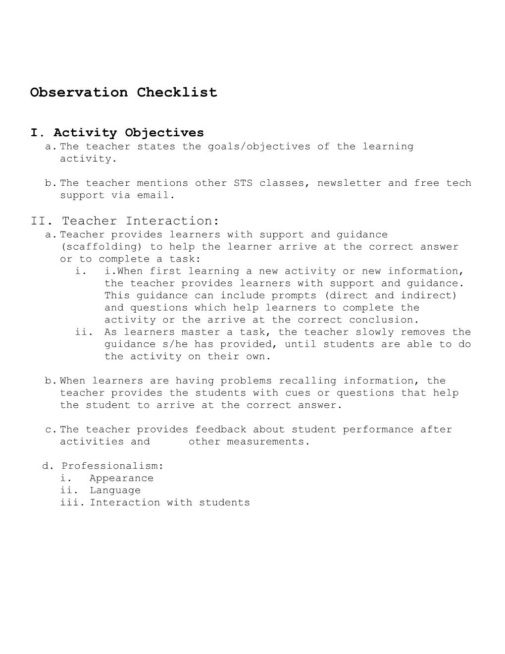 Observation Checklist