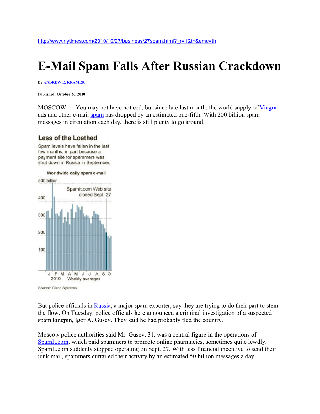 E-Mail Spam Falls After Russian Crackdown - NY Times