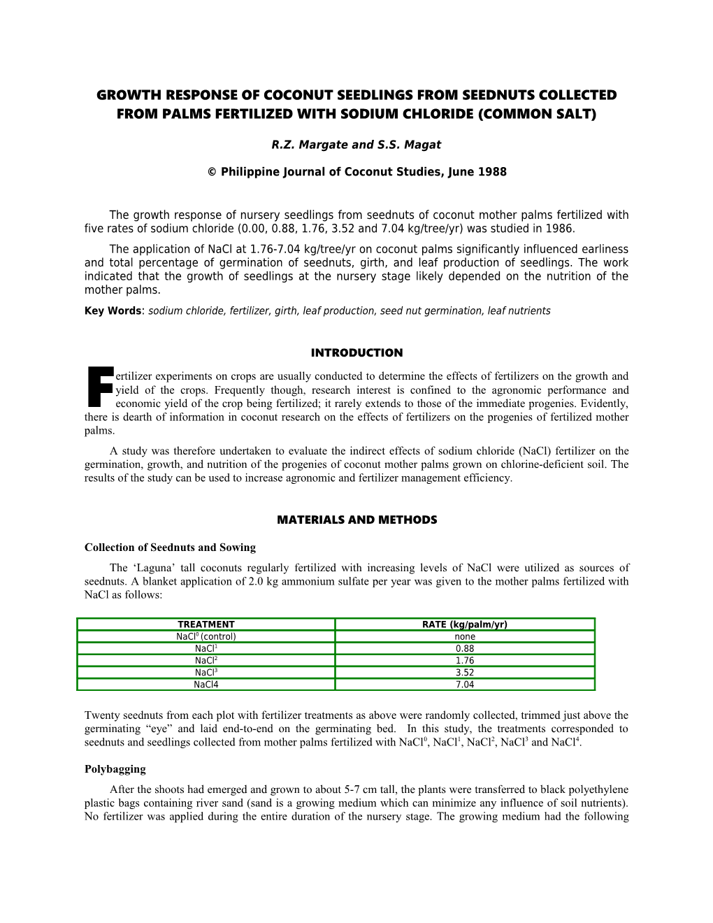 Growth Response of Coconut Seedlings from Seednuts Collected from Palms Fertilized With