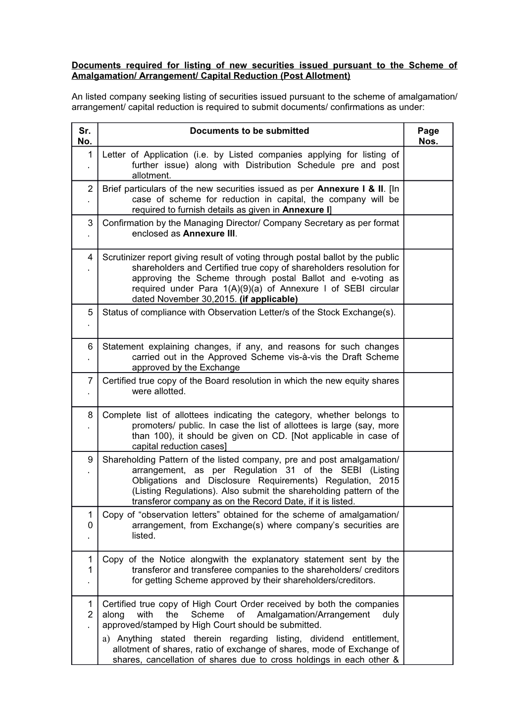 Documents Required for Listing of New Securities Issued Pursuant to the Scheme of Amalgamation
