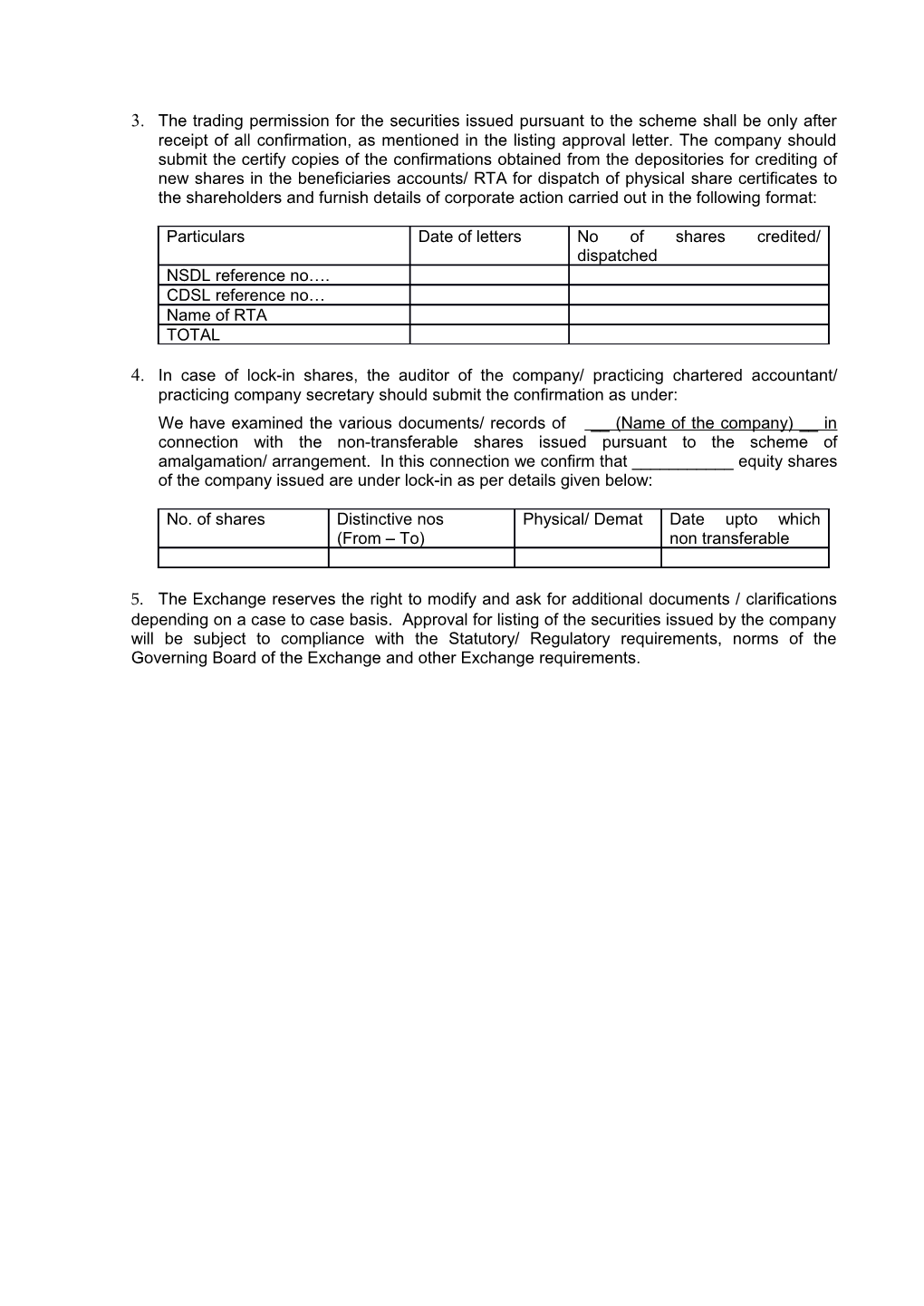 Documents Required for Listing of New Securities Issued Pursuant to the Scheme of Amalgamation