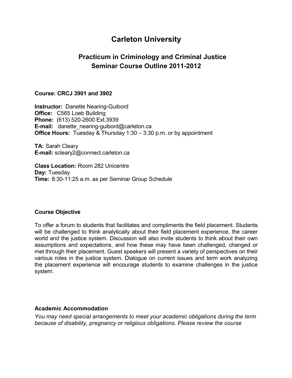 Criminology Placement Seminar Course Ou