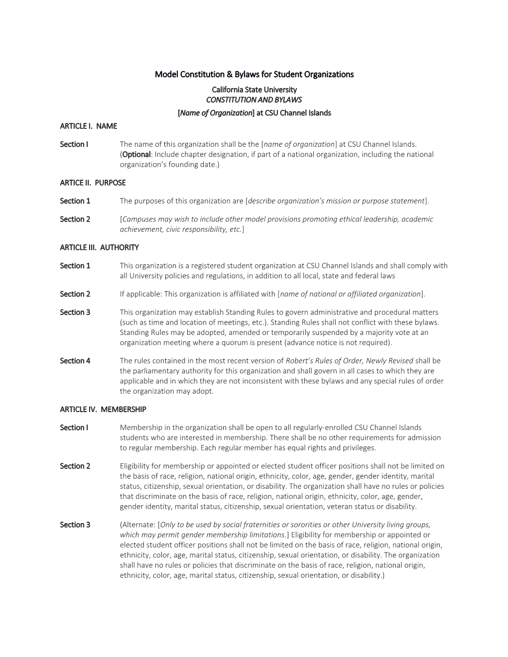 Model Constitution & Bylaws for Student Organizations