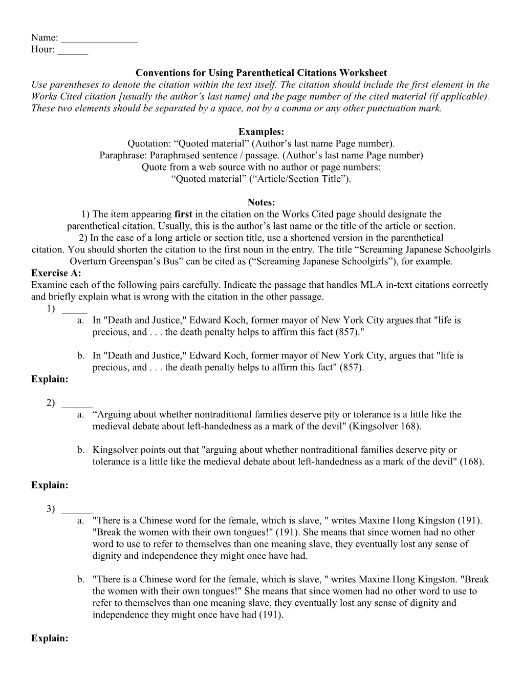 Conventions for Using Parenthetical Citations Worksheet