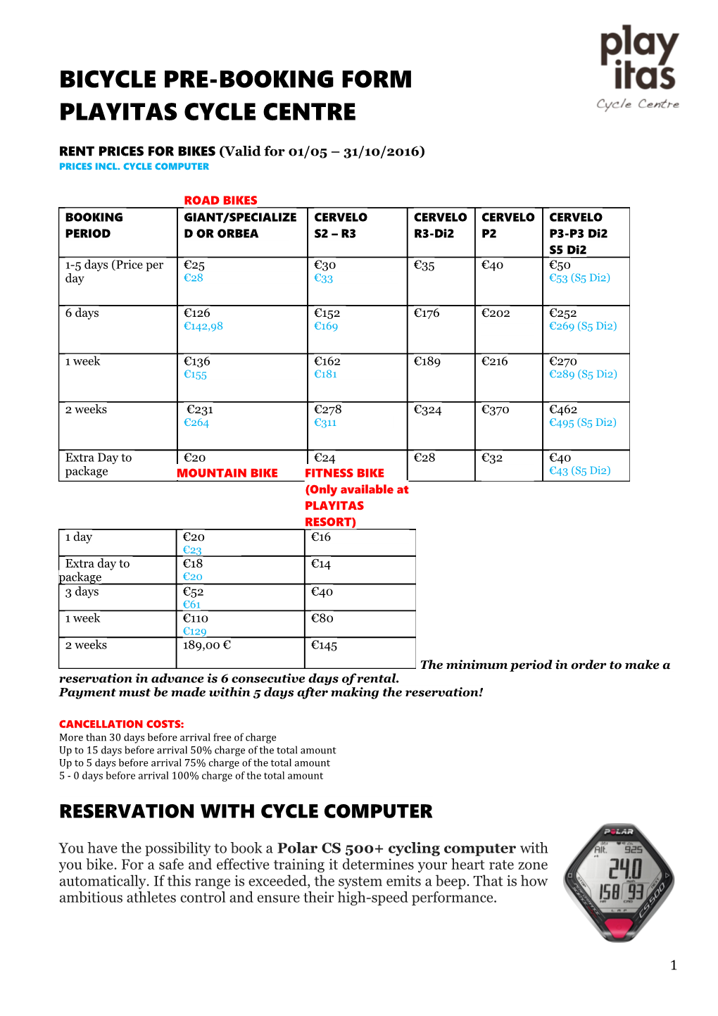 Bicycle Pre-Booking Form