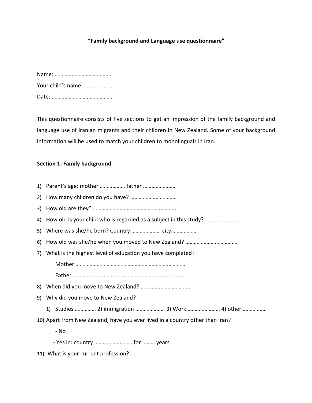 Family Background and Language Use Questionnaire