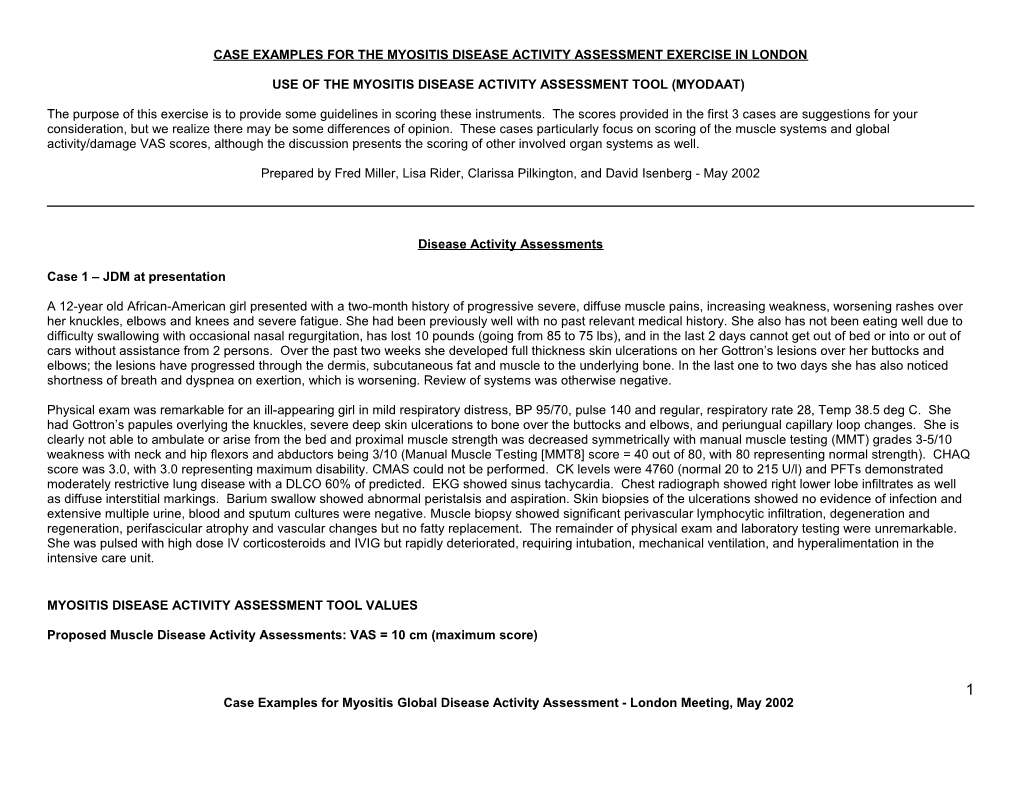 Case Examples for the Myositis Disease Activity Assessment Exercise in London, Use of The