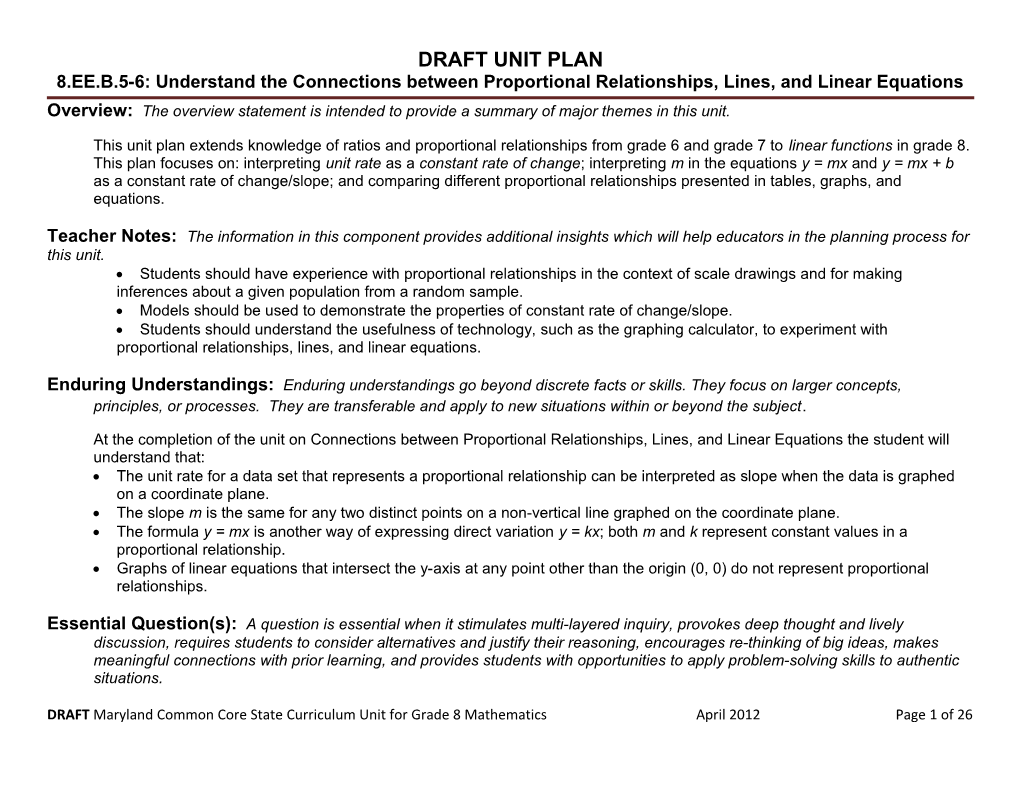 DRAFT UNIT PLAN 8.EE.5-6: Understand the Connections Between Proportional Relationships