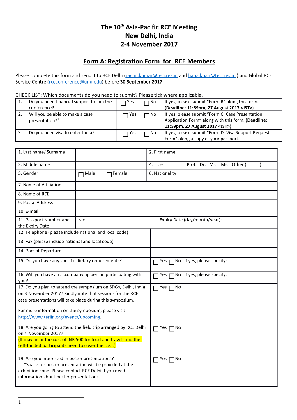 Form A: Registration Form for RCE Members