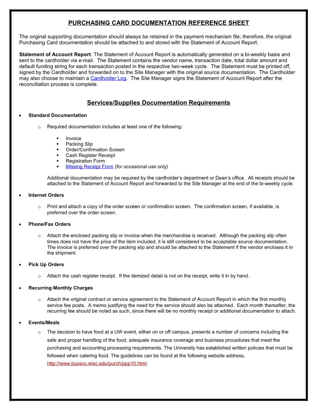 Purchasing Card Documentation Reference Sheet