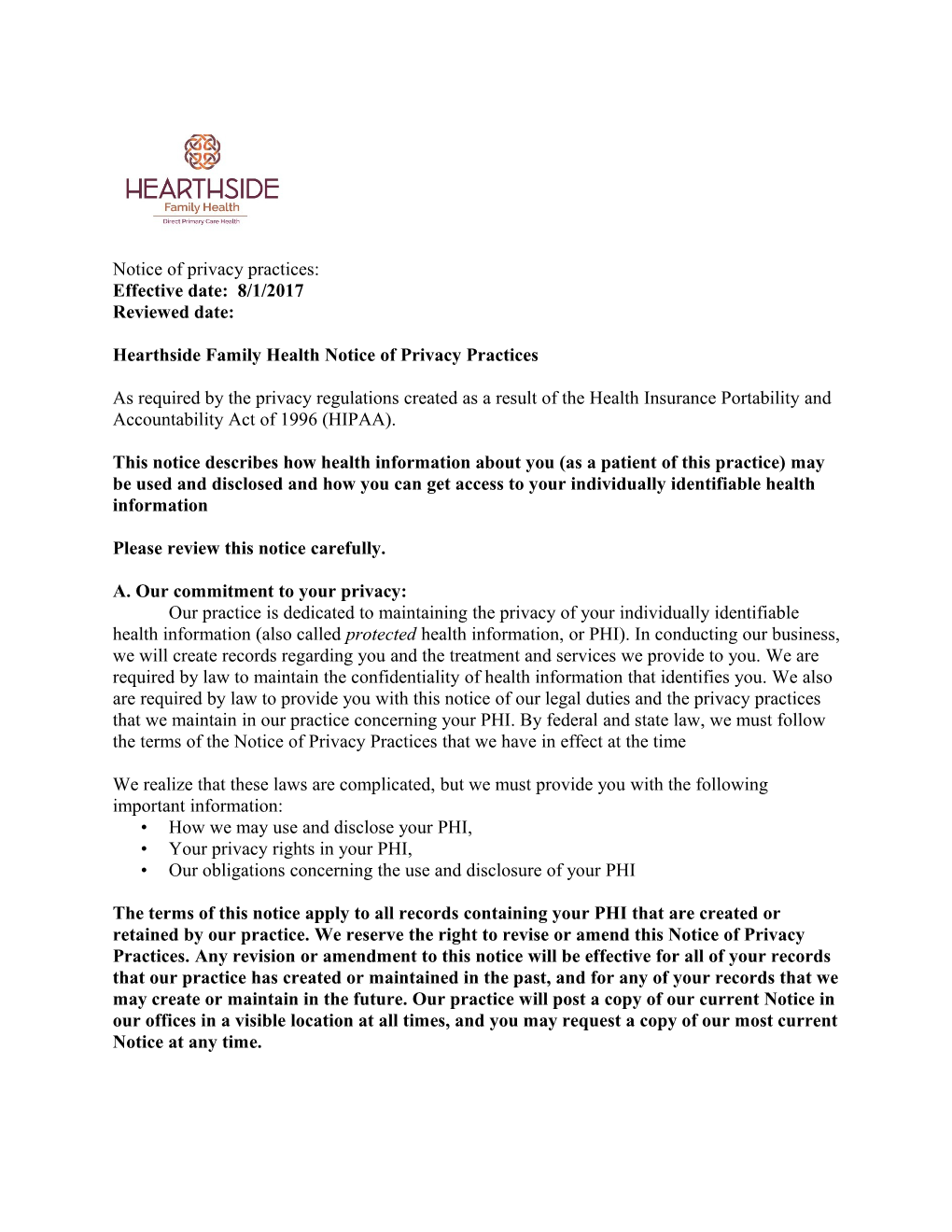 Hearthside Family Health Notice of Privacy Practices