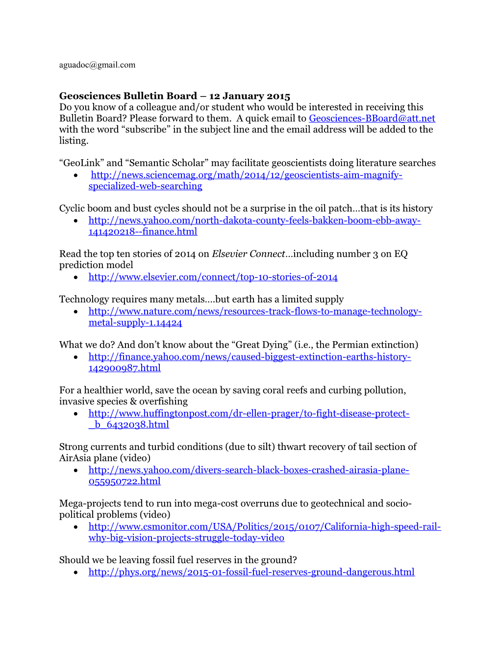 Geosciences Bulletin Board 12 January 2015