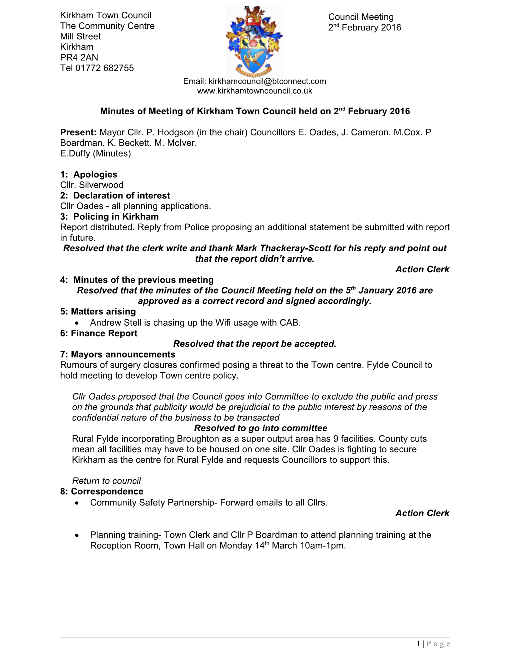 Minutes of Meeting of Kirkham Town Council Held on 2Nd February 2016