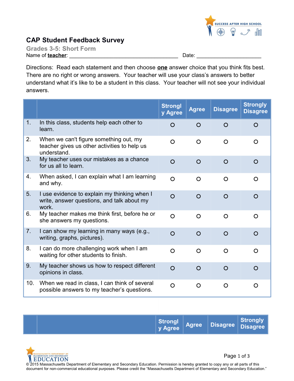 CAP Student Feedback Survey Gr 3-5 Short