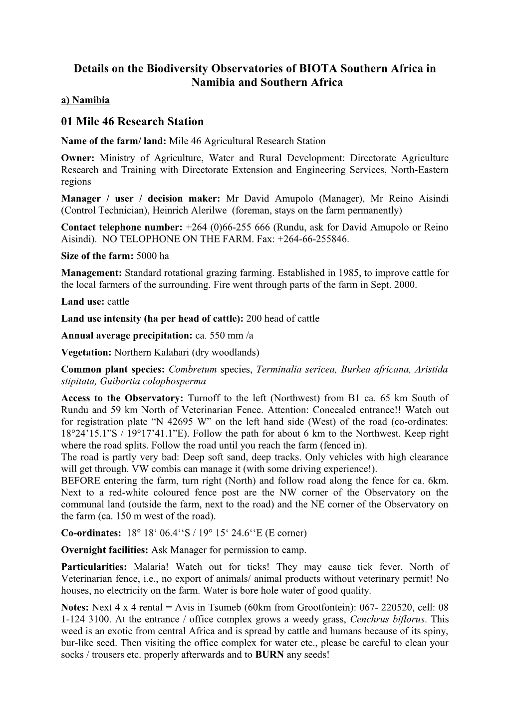 Details on the Biodiversity Observatories of BIOTA Southern Africa in Namibia and Southern