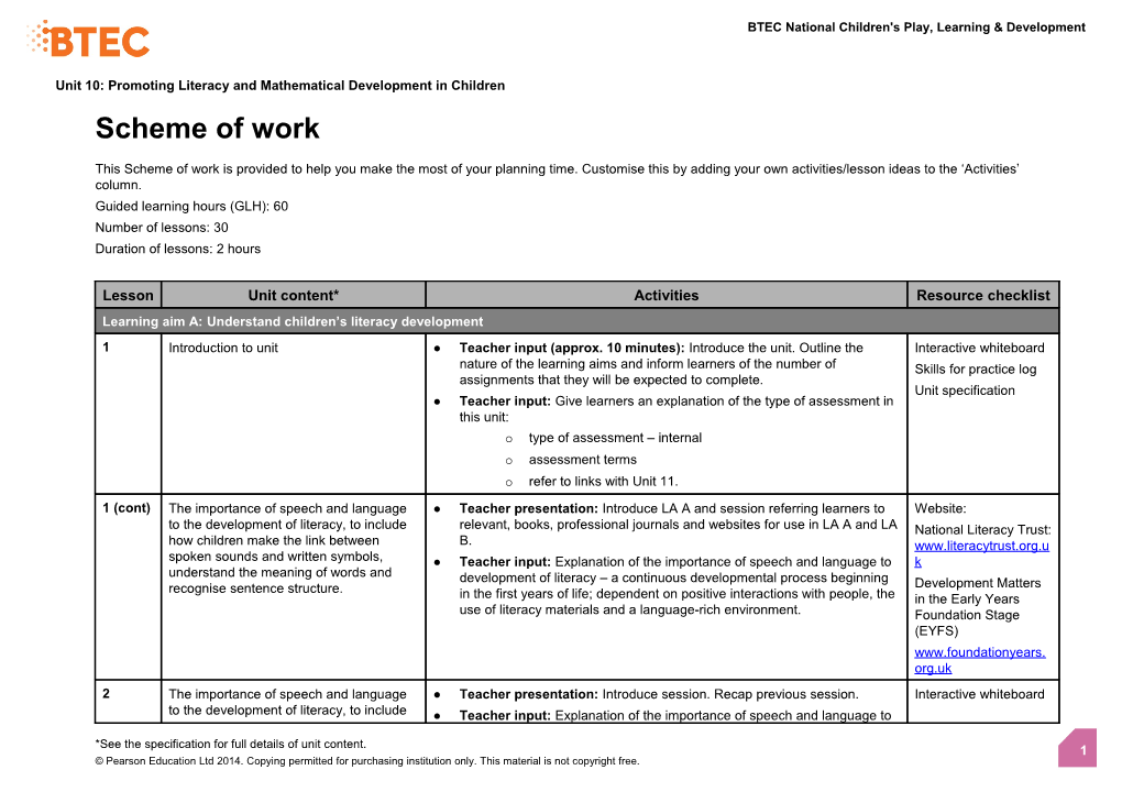 Unit 10: Supporting Children's Literacy and Numeracy Development - Scheme of Work (Version