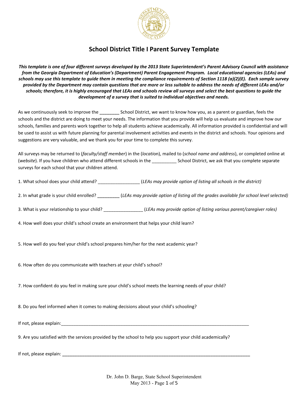 School District Title I Parent Survey Template