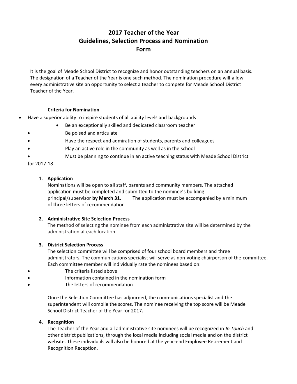 2014 Teacher of the Year Nomination Form and Criteria