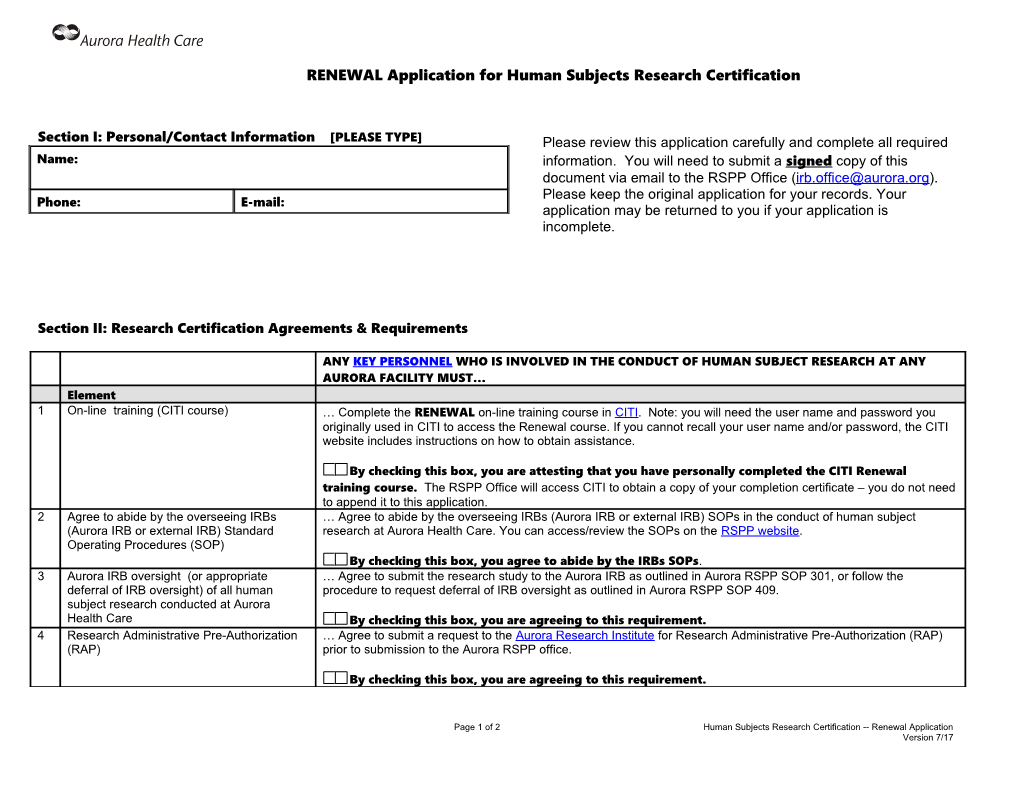 Application for Human Subjects Research Certification for All Investigators and Key