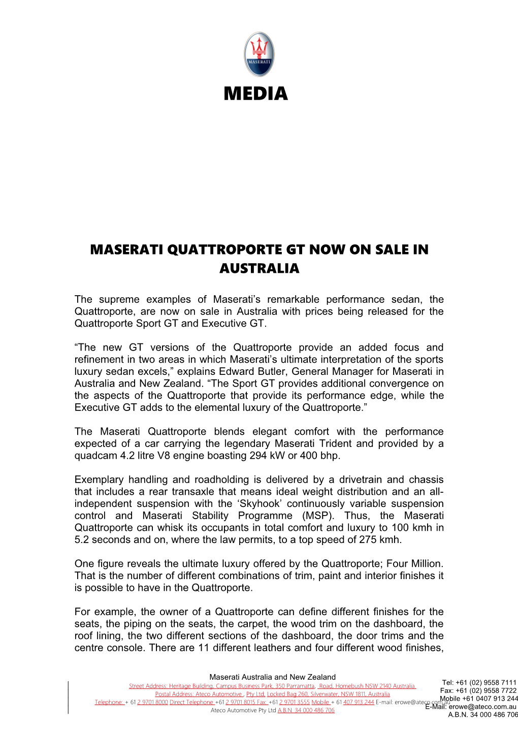 Maserati Quattroporte Gt Now on Sale in Australia